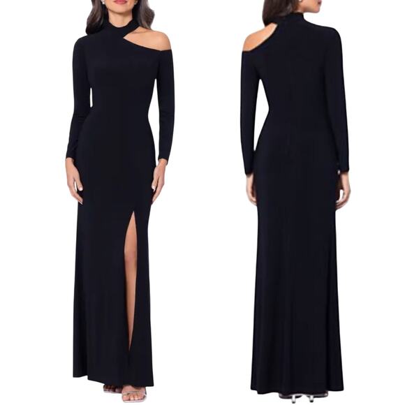 Xscape Evening Gown Long Sleeve Shoulder Cut Out High Slit Black Womens 10 - Picture 1 of 8